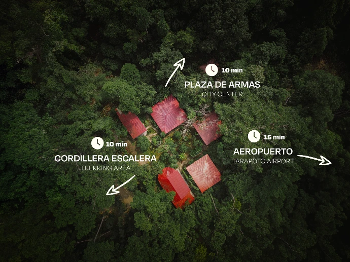 Vista aérea de Taki Tambo Lodge, a 2 km de la salida del Alto Shilcayo Trail